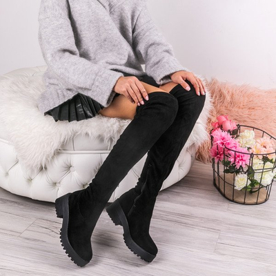 Czarne, długie kozaki na słupku 6 cm - Obuwie