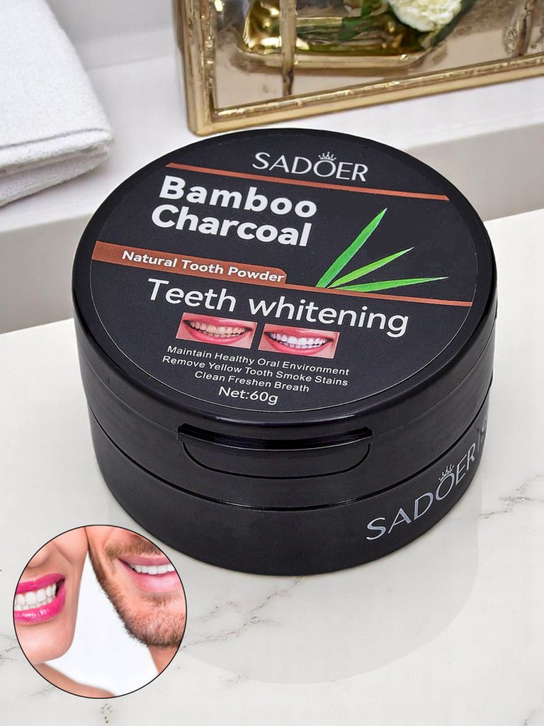 Sadoer Whitening tooth powder removing stains from coffee, tea, and tobacco