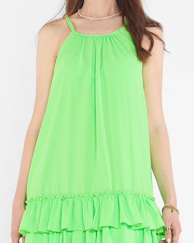Women's Green Strappy Dress with Frills - Clothing