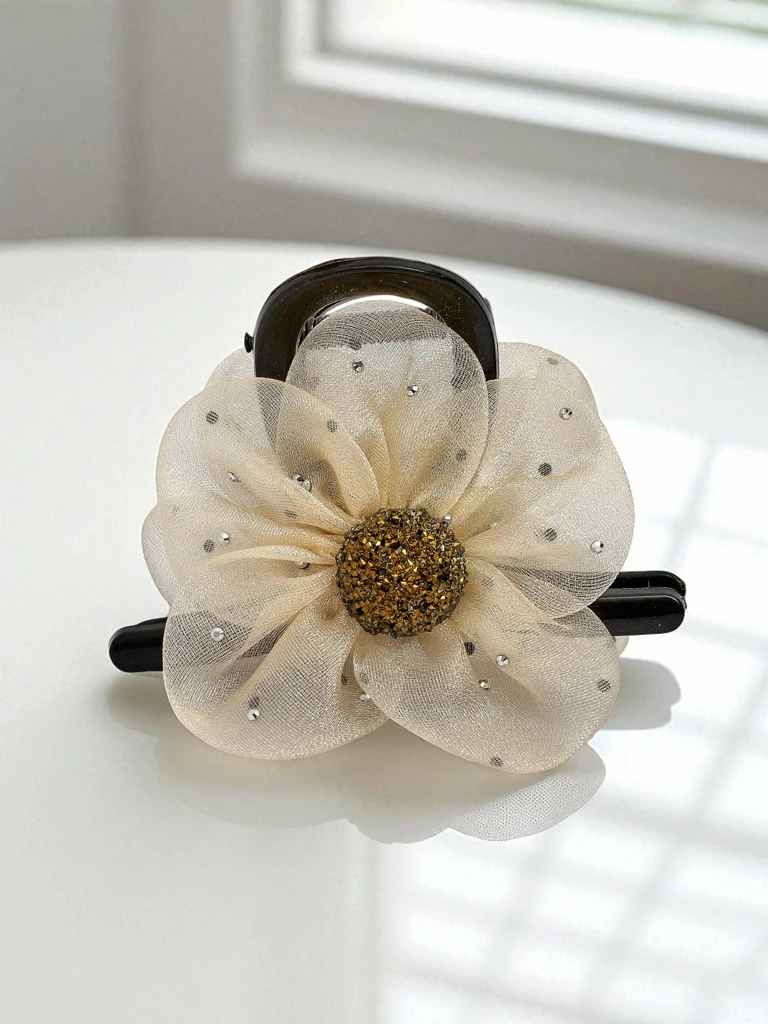 Royalfashion Hair Clip with Tulle Flower and Glitter Center