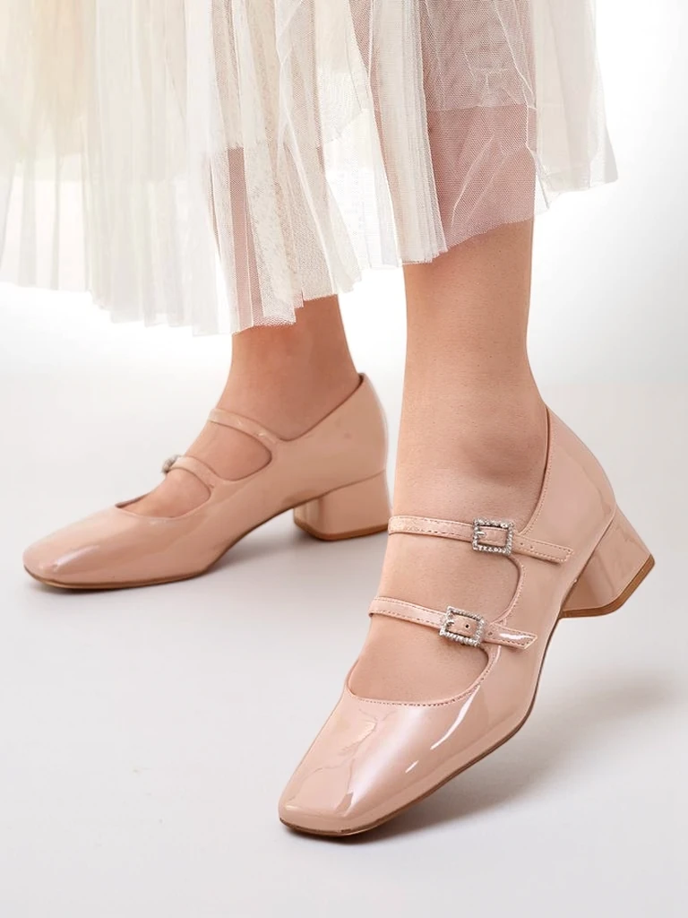 Royalfashion Patent leather women’s pumps on a block heel with straps Vible