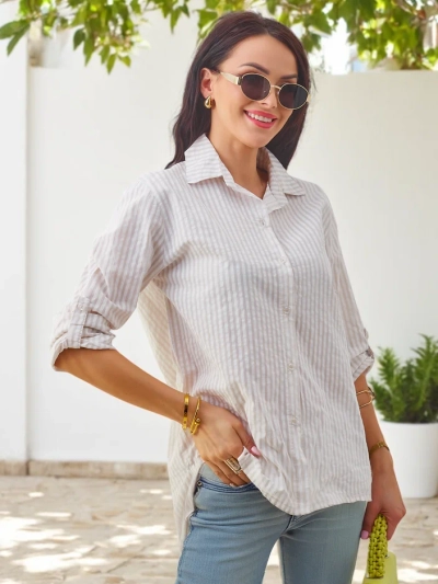 Royalfashion Sieviešu kokvilnas svītraina krekls ar saitīti apakšā