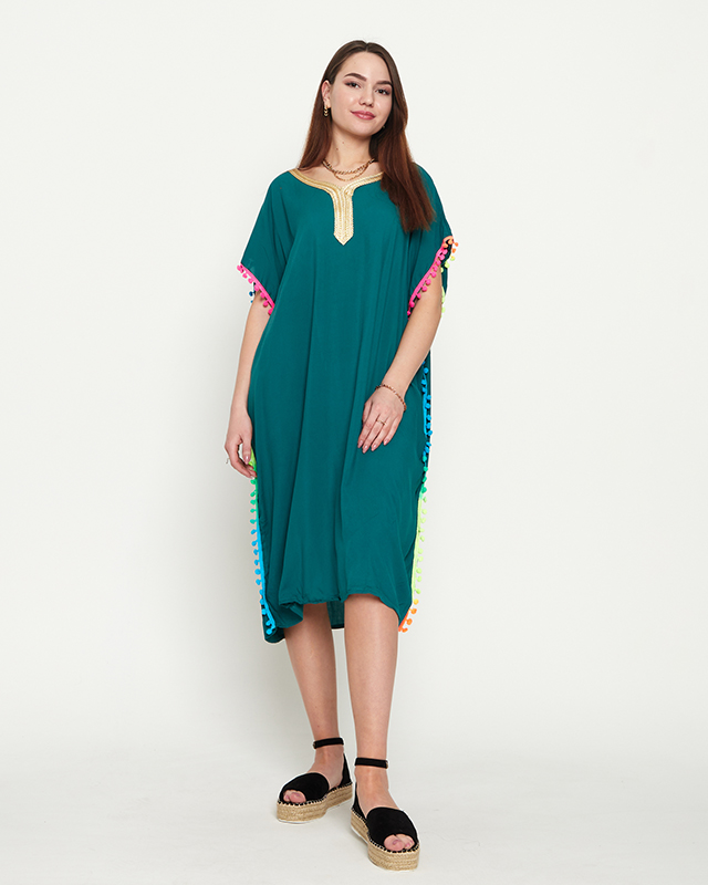 Dark green women's summer beach tunic with pompoms - Clothing