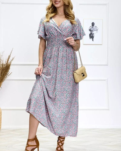 Women's green long dress with floral print - Clothing