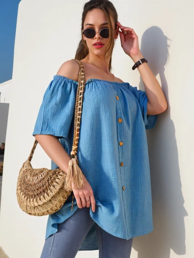 Royalfashion Women's cotton blouse à la Spanish style with decorative buttons