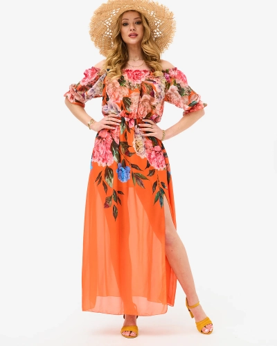 Orange women's long dress with floral lining - Clothing
