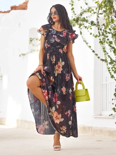 Royalfashion Sieviešu kleita bez plecu siksnām ar īsām piedurknēm dažādos ziedu rakstos