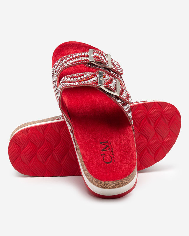 Women's slippers with cubic zirconia in red Lalud-Shoes