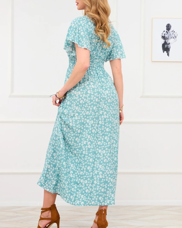 Long green women's dress with floral motif - Clothing