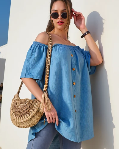 Royalfashion Women's cotton blouse à la Spanish style with decorative buttons