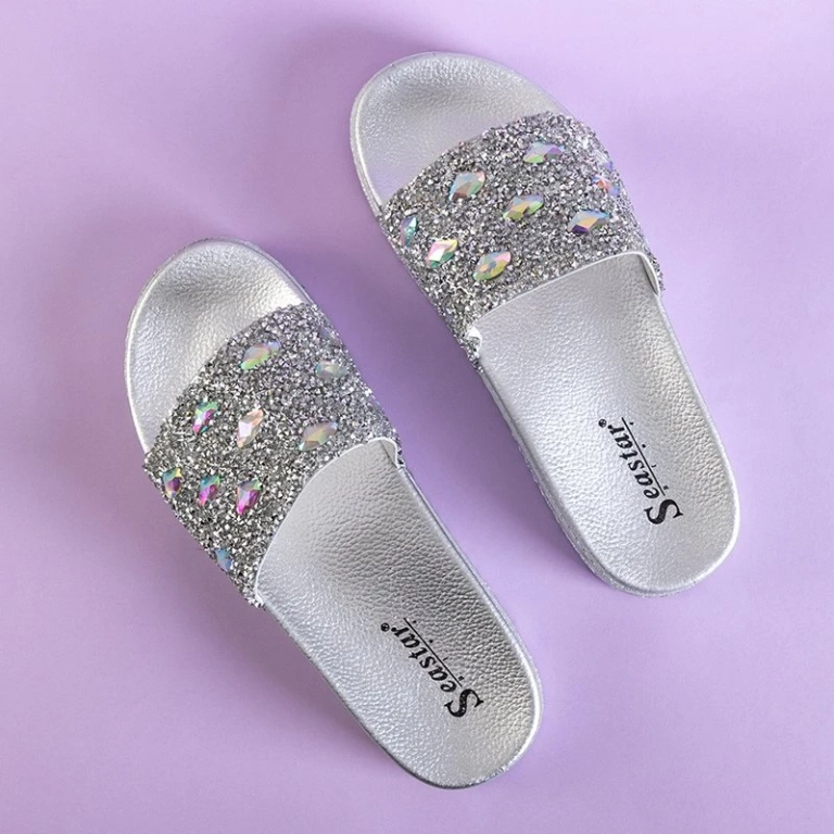 OUTLET Silver women's platform slippers with cubic zirconia Sailor - Footwear