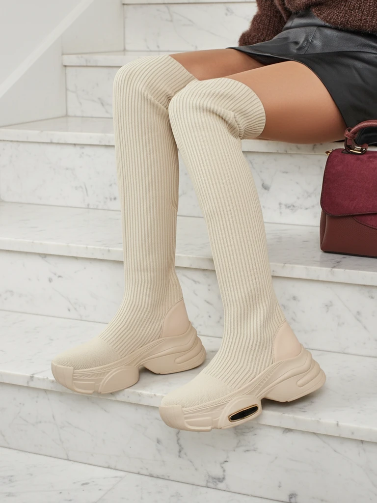 Ravmora Women's Long Slip-on Boots on a Thick Sole