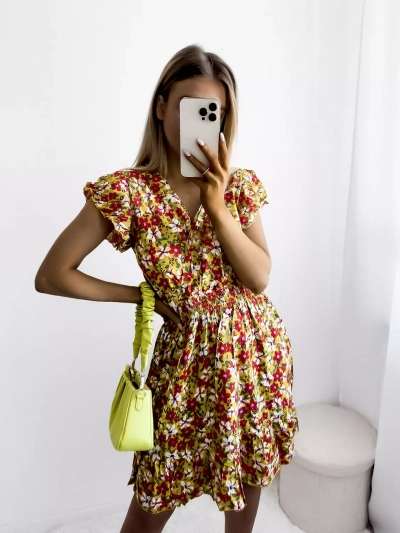 Yellow women's mini dress with floral pattern - Clothing