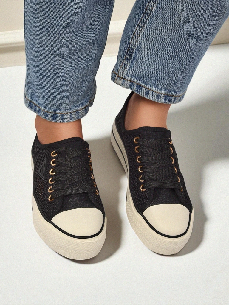 Melania Nero – damskie trampki z tkaniny mesh na płaskiej podeszwie 3cm