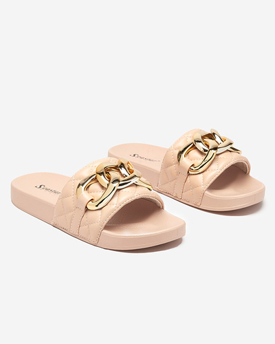 Sieviešu bēšas stepētas čības ar zelta ķēdīti Eteris - Apavi