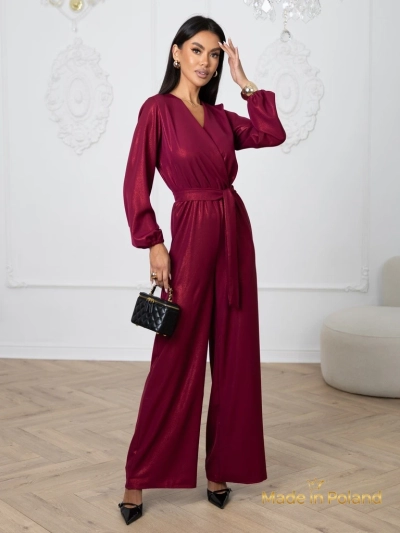 Women's 'Valentina' burgundy jumpsuit with long sleeves and wide legs
