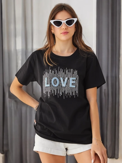 Royalfashion Women's Cotton T-Shirt LOVE with Rhinestones