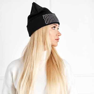 Women's Black Beanie with Pearls - Accessories