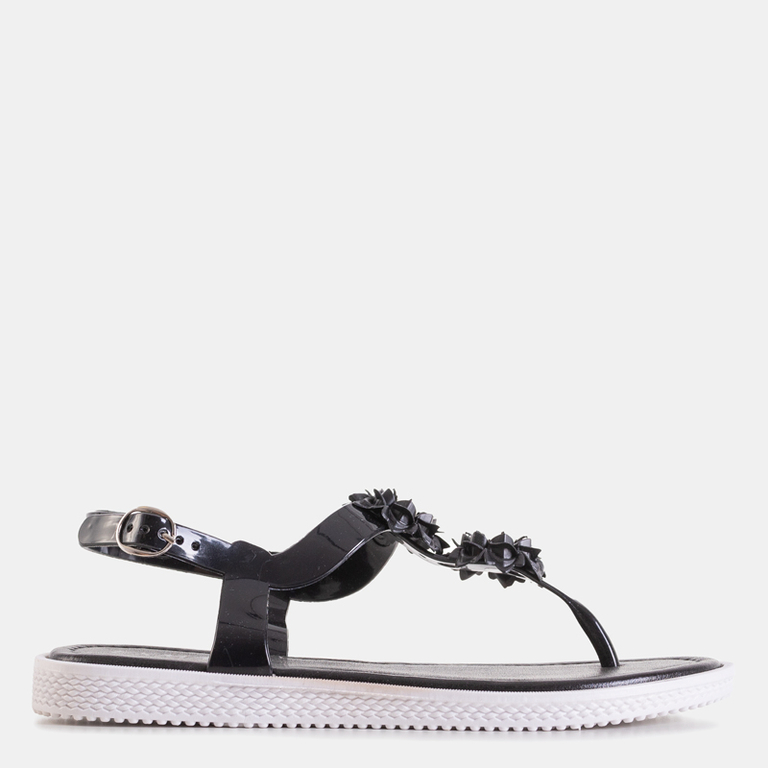 Melnas sieviešu sandales a'la flip-flops ar ziediem Dosana - Apavi