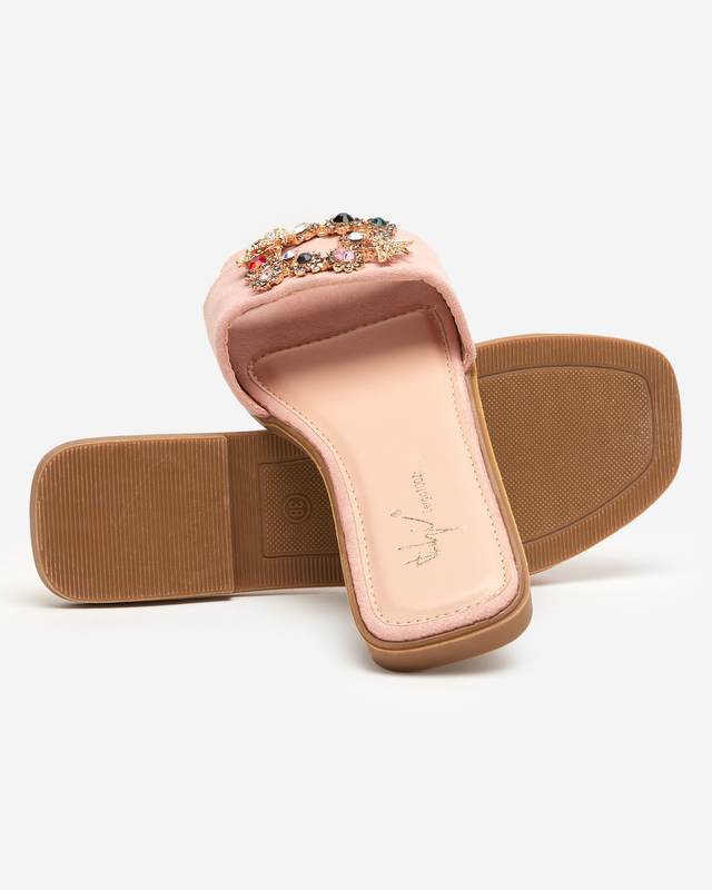 OUTLET Women's pink eco suede slippers with a golden buckle Kom- Footwear