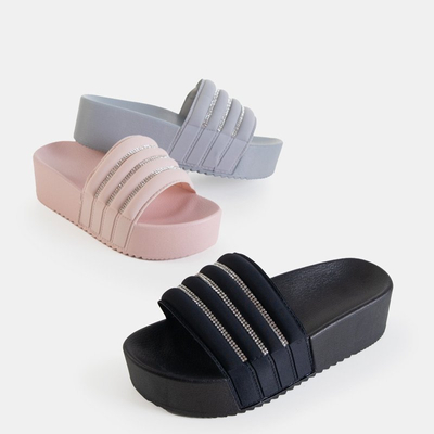 OUTLET Pink women's platform slippers with cubic zirconia Rondi - Footwear