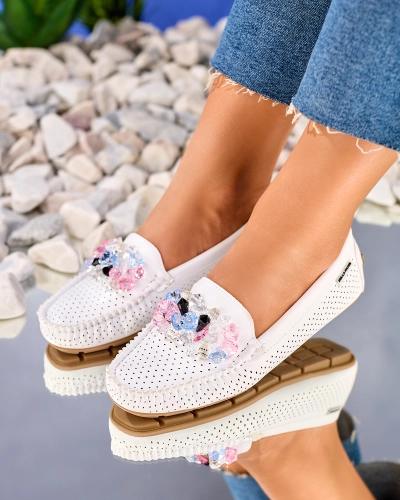 Royalfashion Women's openwork white moccasins with decorative crystals Cizzas