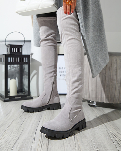 Eko - zamšādas pelēki plakani pāri ceļgaliem zābaki Engi- Footwear