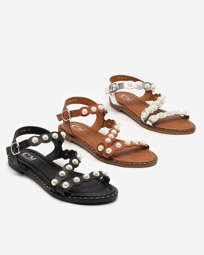 Silver women's sandals with pearls Mastalia - Footwear
