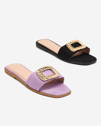 OUTLET Black women's eco suede slippers with a gold buckle Lozi - Footwear