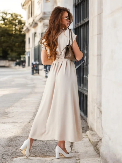 Royalfashion Women's midi dress with a wrap neckline, short sleeves, and a belt