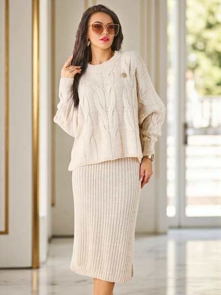 Royalfashion Acrylic braided women's set with sweater and skirt Warm&Fuzzy