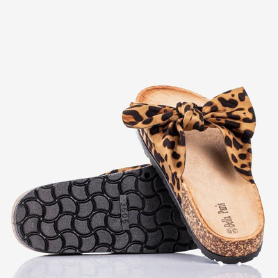 Brown women's flip-flops with a leopard bow Sunshine - Footwear 1