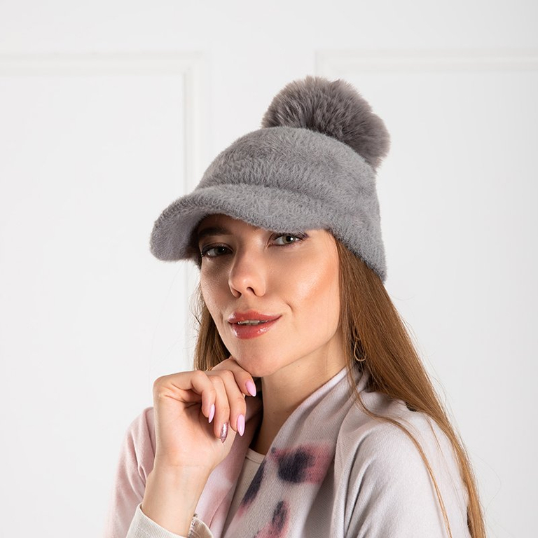 Gray women's baseball cap decorated with a pompom - Caps