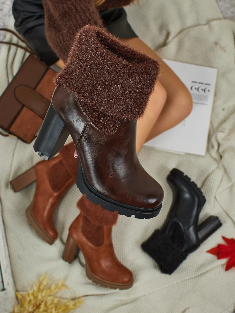 Women's eco-leather heeled ankle boots with Tirave knit