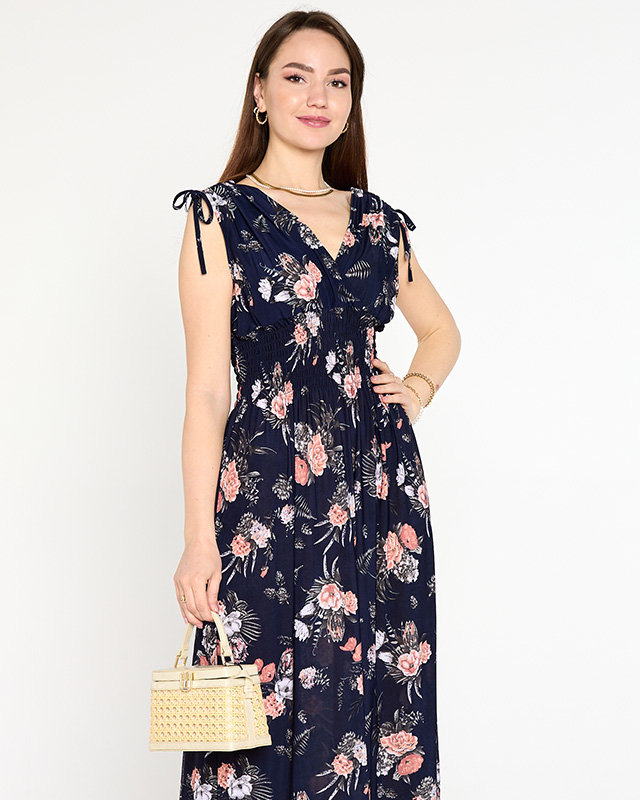 Navy blue women's maxi dress with flowers - Clothing