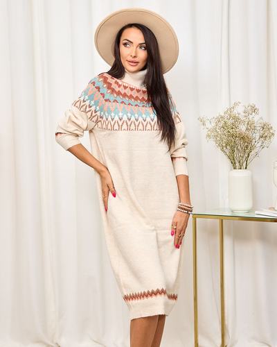Royalfashion Beige women's sweater dress with turtleneck and print