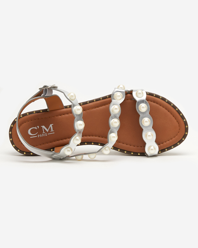 Silver women's sandals with pearls Mastalia - Footwear