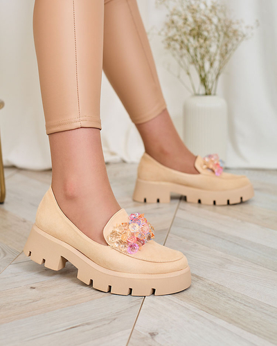 Royalfashion Bēšas krāsas sieviešu mokasīni ar krāsainiem kristāliem Crystal Glam