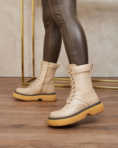 Royalfashion Beige women's lace-up boots on a solid sole Diret