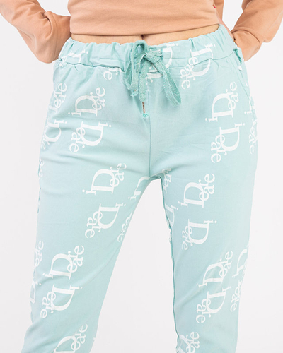 Mint fabric women's trousers with inscriptions - Clothing