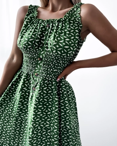 Women's knee-length dress with print in dark green- Clothing