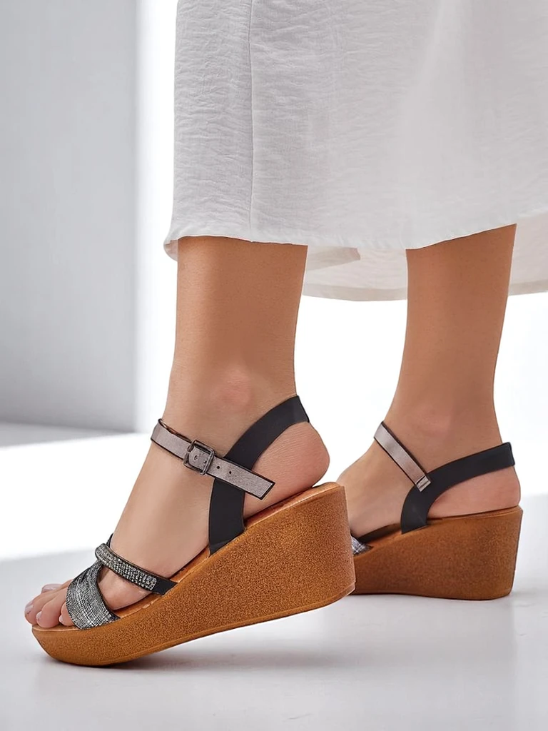 Royalfashion Women's wedge sandals with rhinestones and glitter Eclat