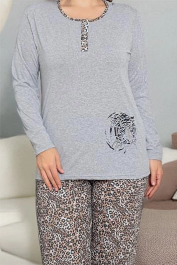 Royalfashion Pelēki sieviešu 2-daļu leoparda raksta pidžamas PLUS SIZE