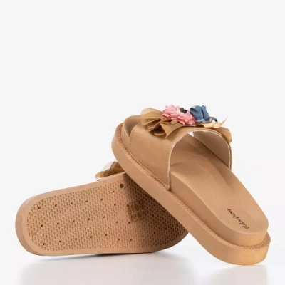 OUTLET Light brown women's slippers with Mistera flowers - Footwear