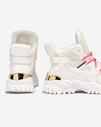 Baltas sieviešu sporta kurpes ar kažokādu un neona rozā šņorēm Sagglo- Footwear