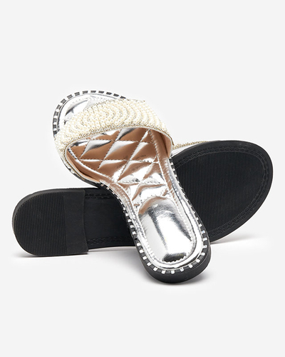 OUTLET Women's silver slippers with Ahaio decorations - Footwear