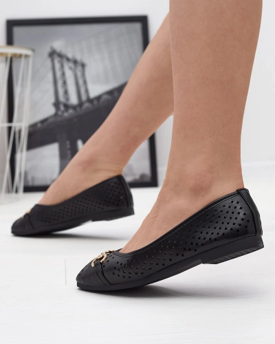 Black women's openwork ballerinas with gold ornament Serilla- Footwear