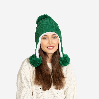 Women's dark green insulated hat with pompoms - Accessories