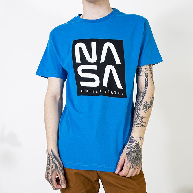 Men's blue cotton t-shirt with the inscription - Clothing