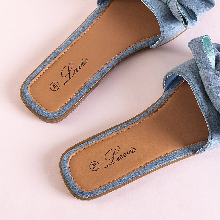 Blue women's slippers with a Bonjour bow - Shoes